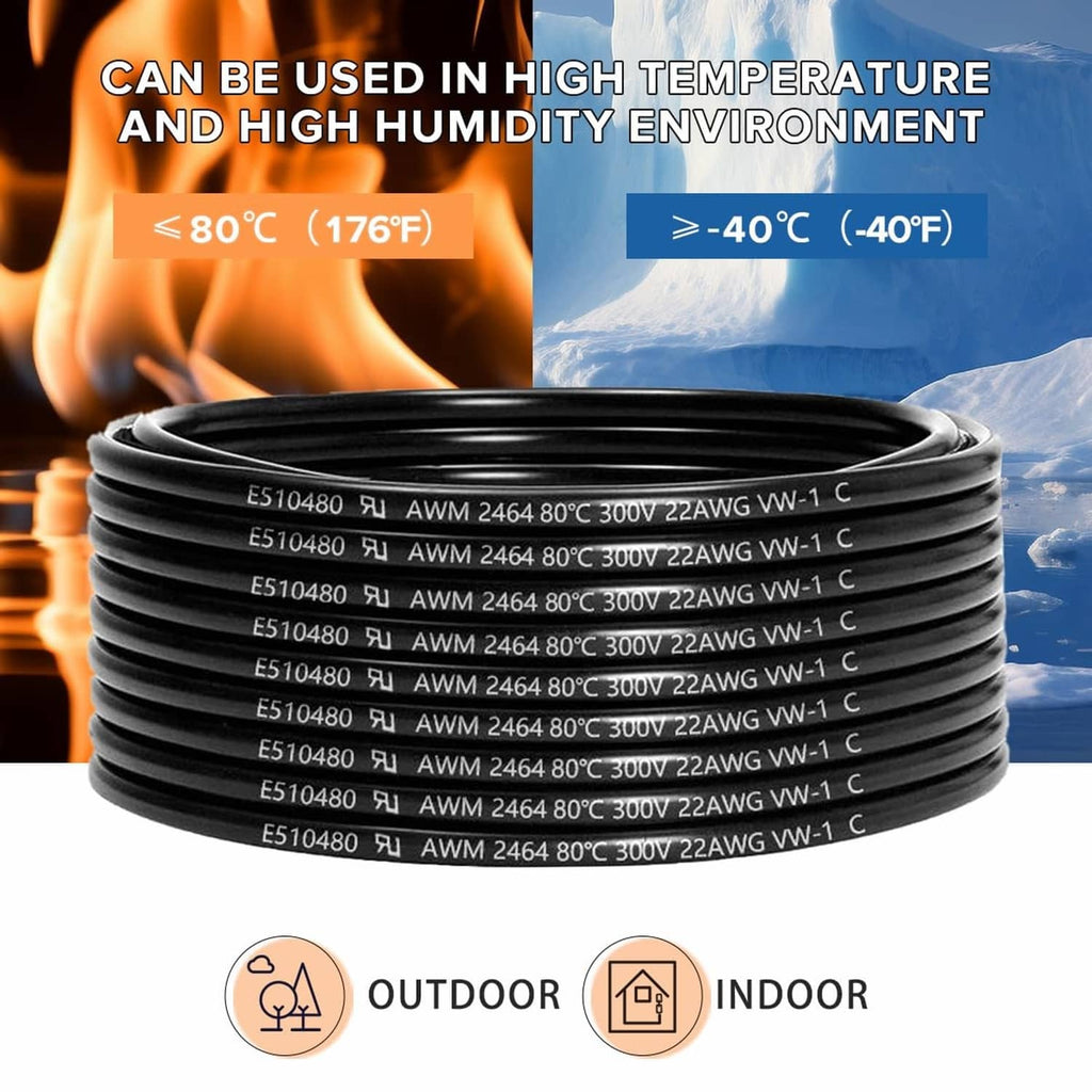 Coiled black 2-conductor electrical wire with printed temperature and rating markings