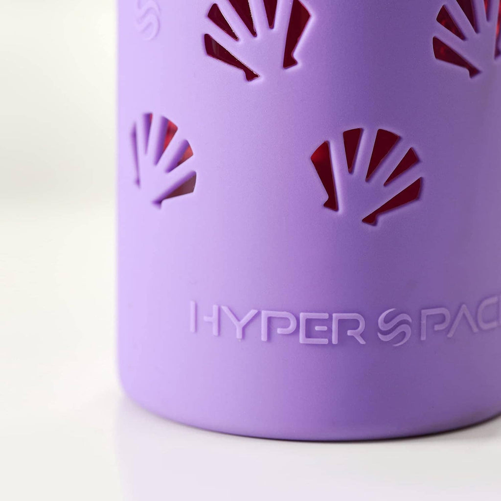 Purple silicone sleeve for glass tumbler with hand icon pattern and HYPER SPACE text