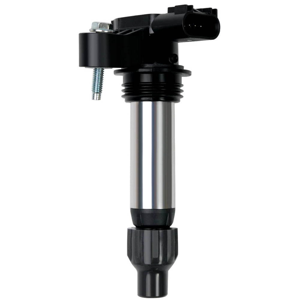 Ignition coil with black top, metal body, and mounting threads