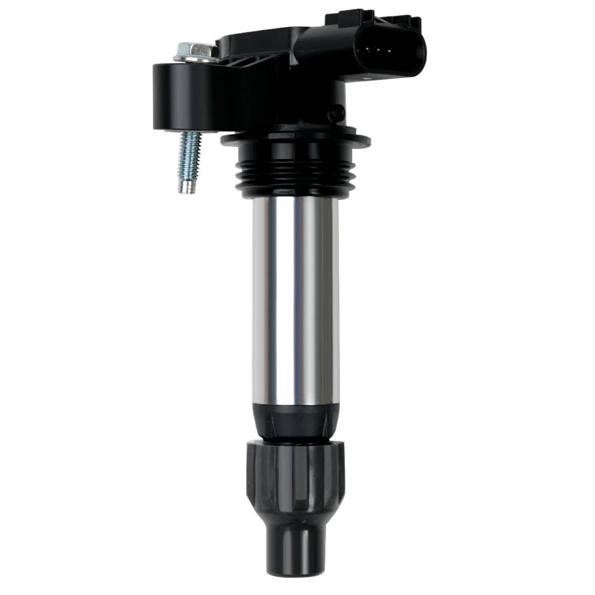 Ignition coil with black top, metal body, and mounting threads