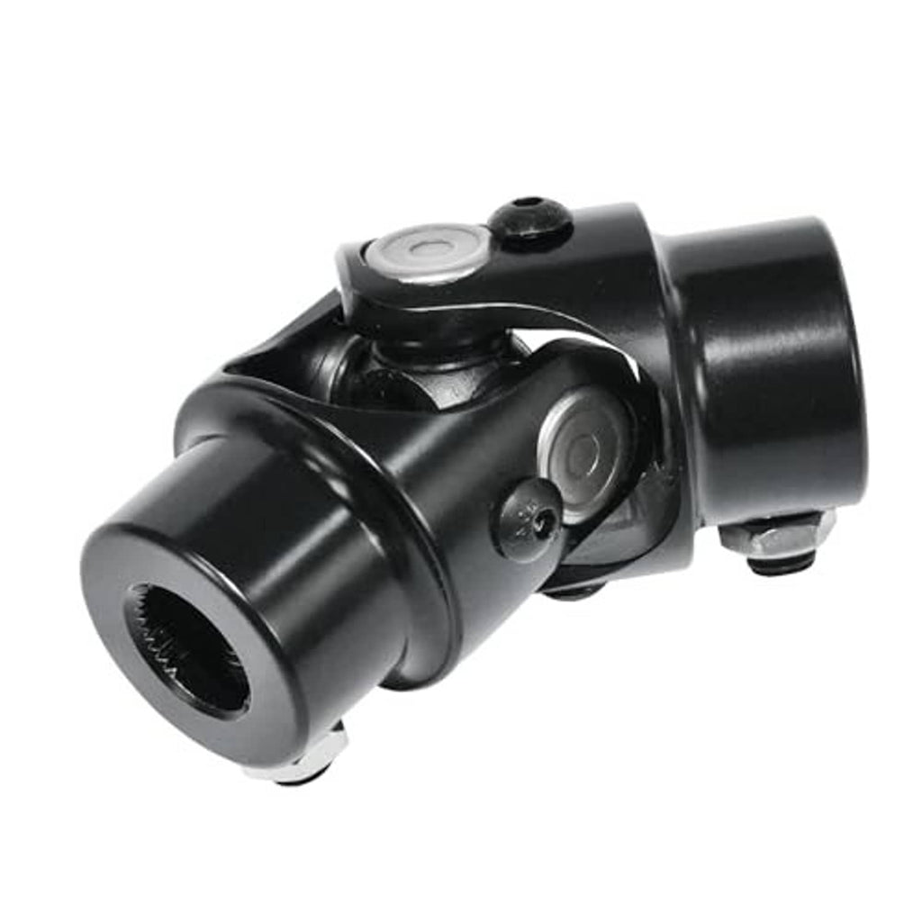Black steering universal joint with side yoke and splined end, bolt mount hardware