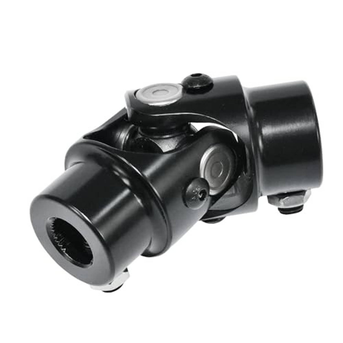 Black steering universal joint with side yoke and splined end, bolt mount hardware