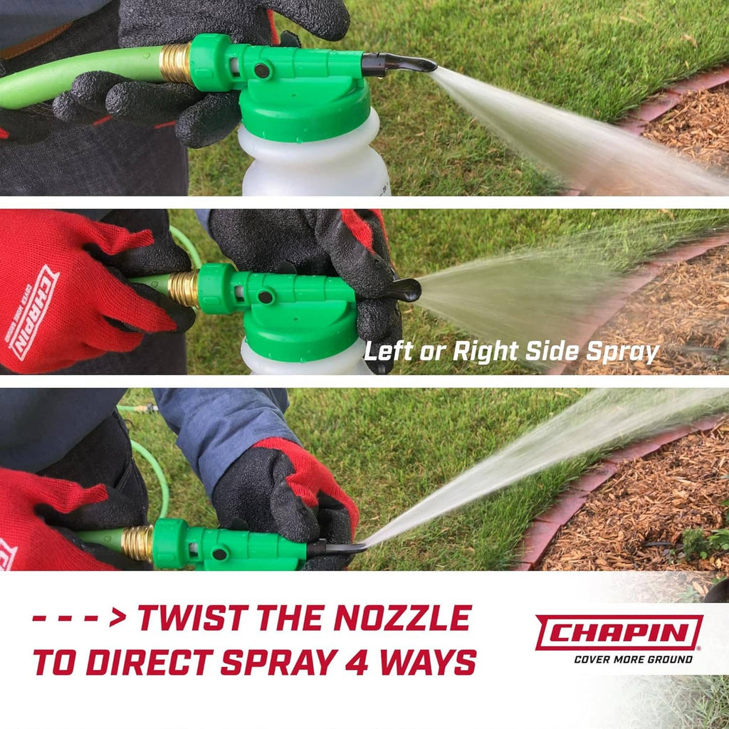 Chapin hose end sprayer with green nozzle spraying a fine mist from the white tank