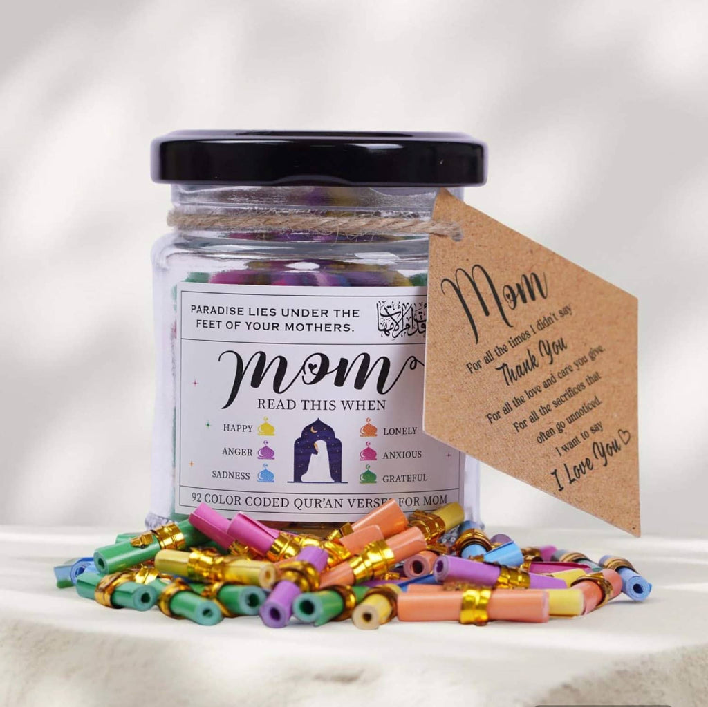 Quran verses jar with dark lid and colorful rolled verses set with Mom card
