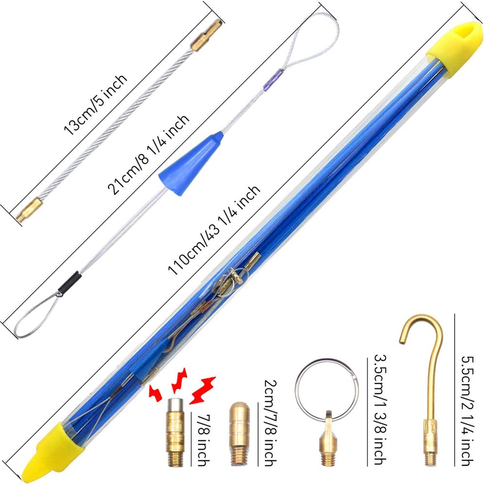 Fiberglass cable puller rod kit with blue shaft, yellow tip, and brass connector ends