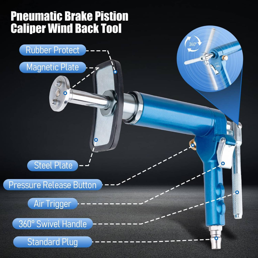 Blue pneumatic caliper wind-back tool with swivel handle and pressure release button