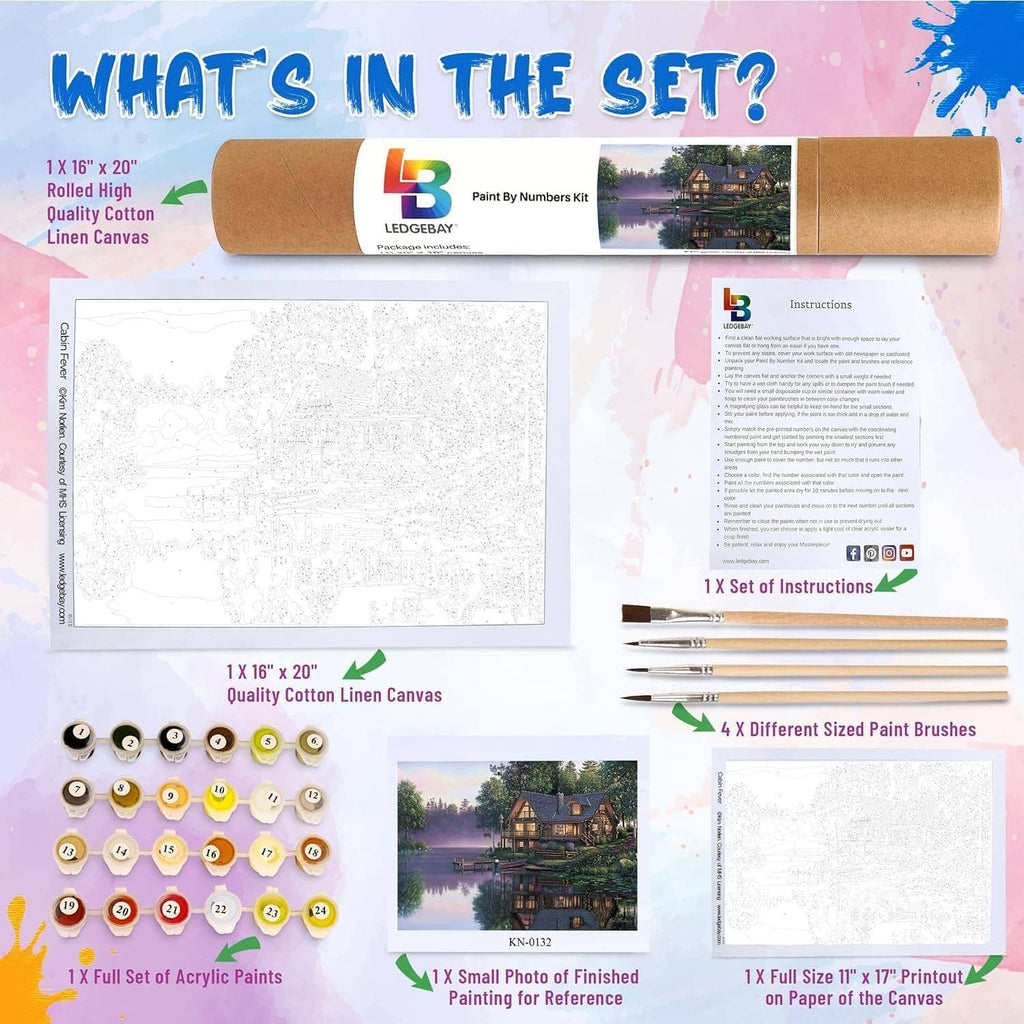 Paint by number kit contents: linen canvas, instructions, multiple paint brushes, and paints