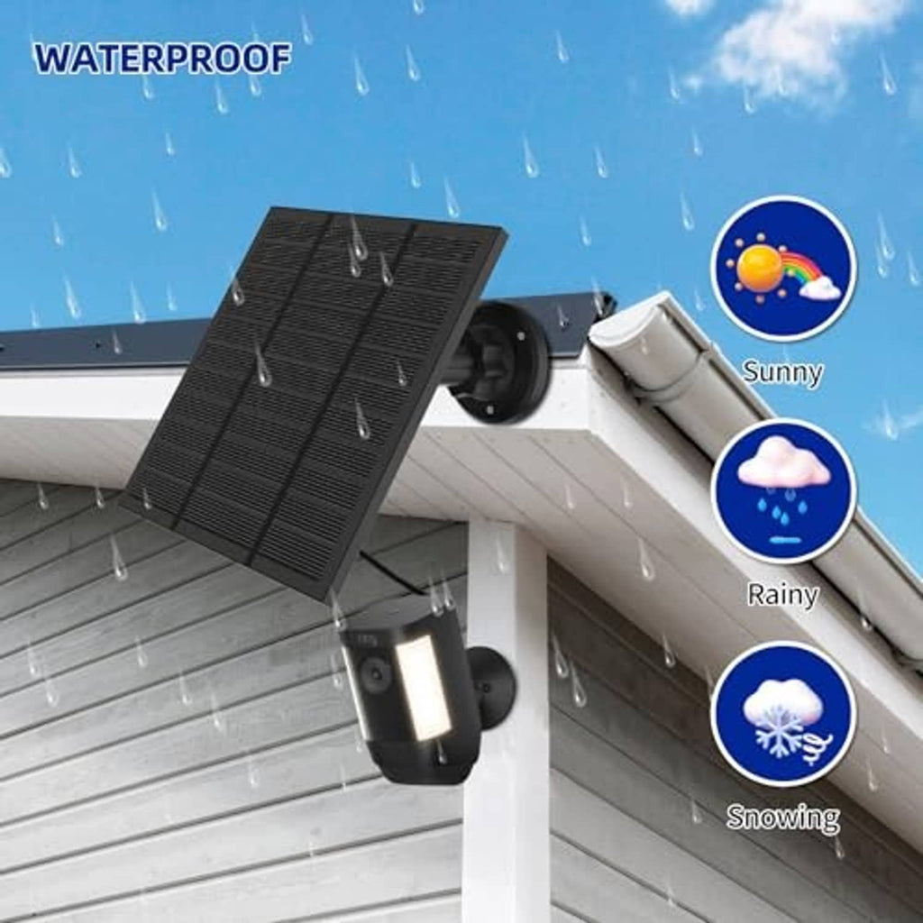 Weatherproof black solar panel with wall-mounted outdoor cameras and charging cable