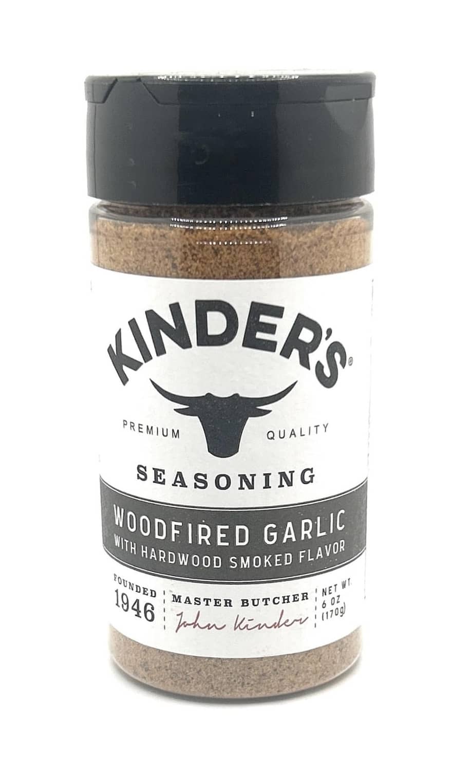 KINDERS Woodfired Garlic seasoning bottle with black cap and kraft label