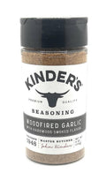 KINDERS Woodfired Garlic seasoning bottle with black cap and kraft label