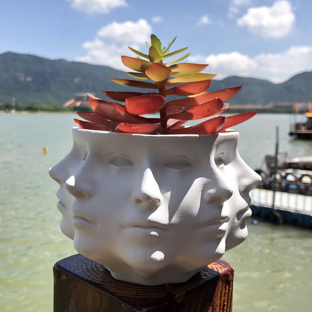 White multi-face succulent planter vase, front view with red and green faux leaves.