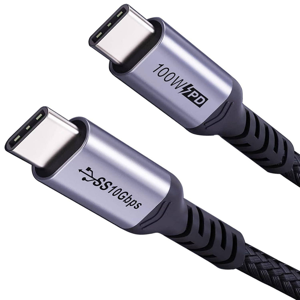 Two short USB-C to USB-C cables, dark gray braided, silver tips, 100W 10Gbps