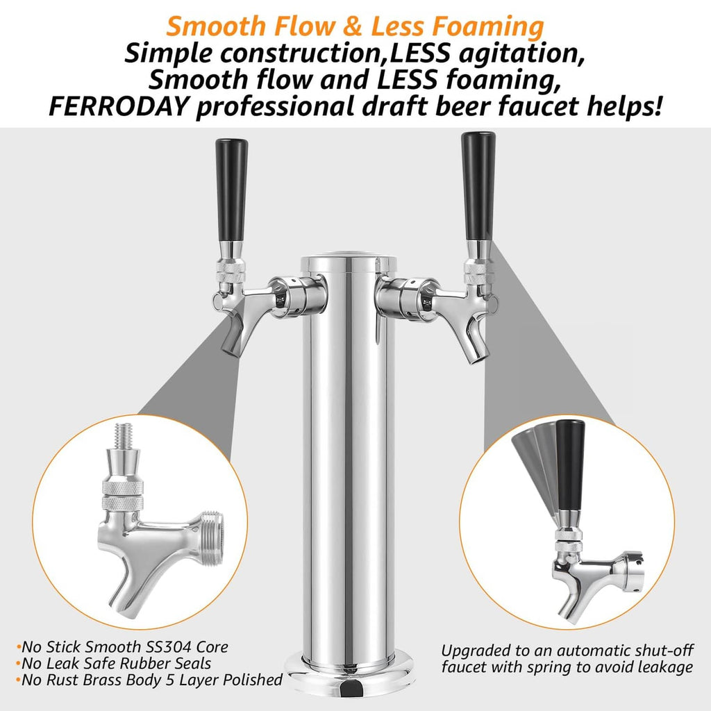 Stainless draft beer faucet with two black handles and mounting shanks
