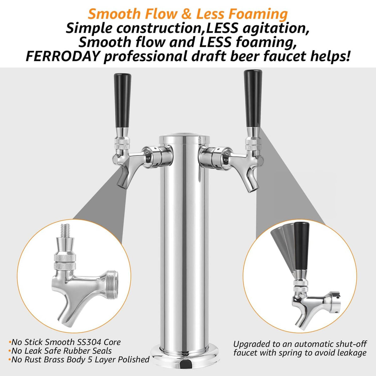 Stainless draft beer faucet with two black handles and mounting shanks