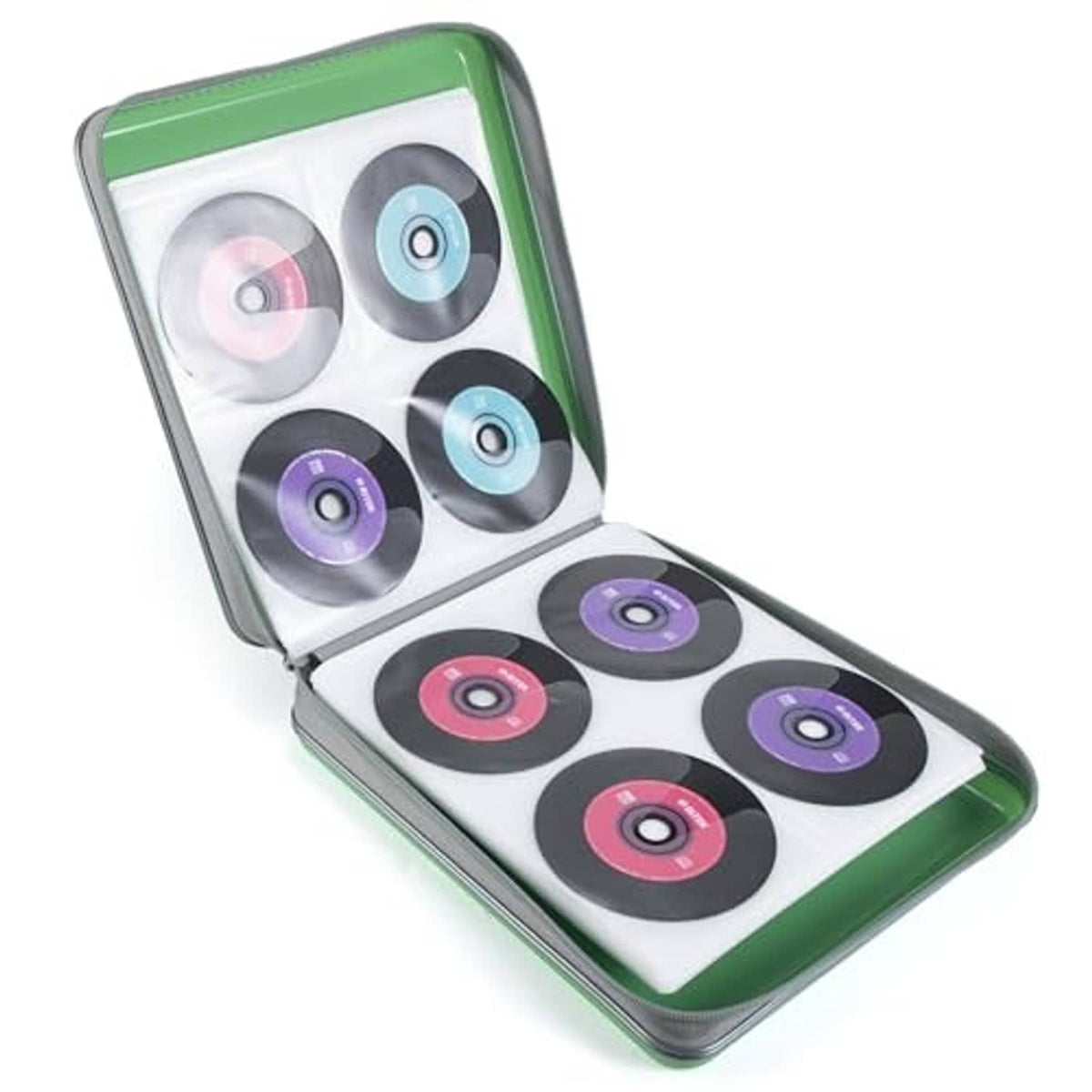 Open green hard-plastic CD case with disc slots and padded gray insert