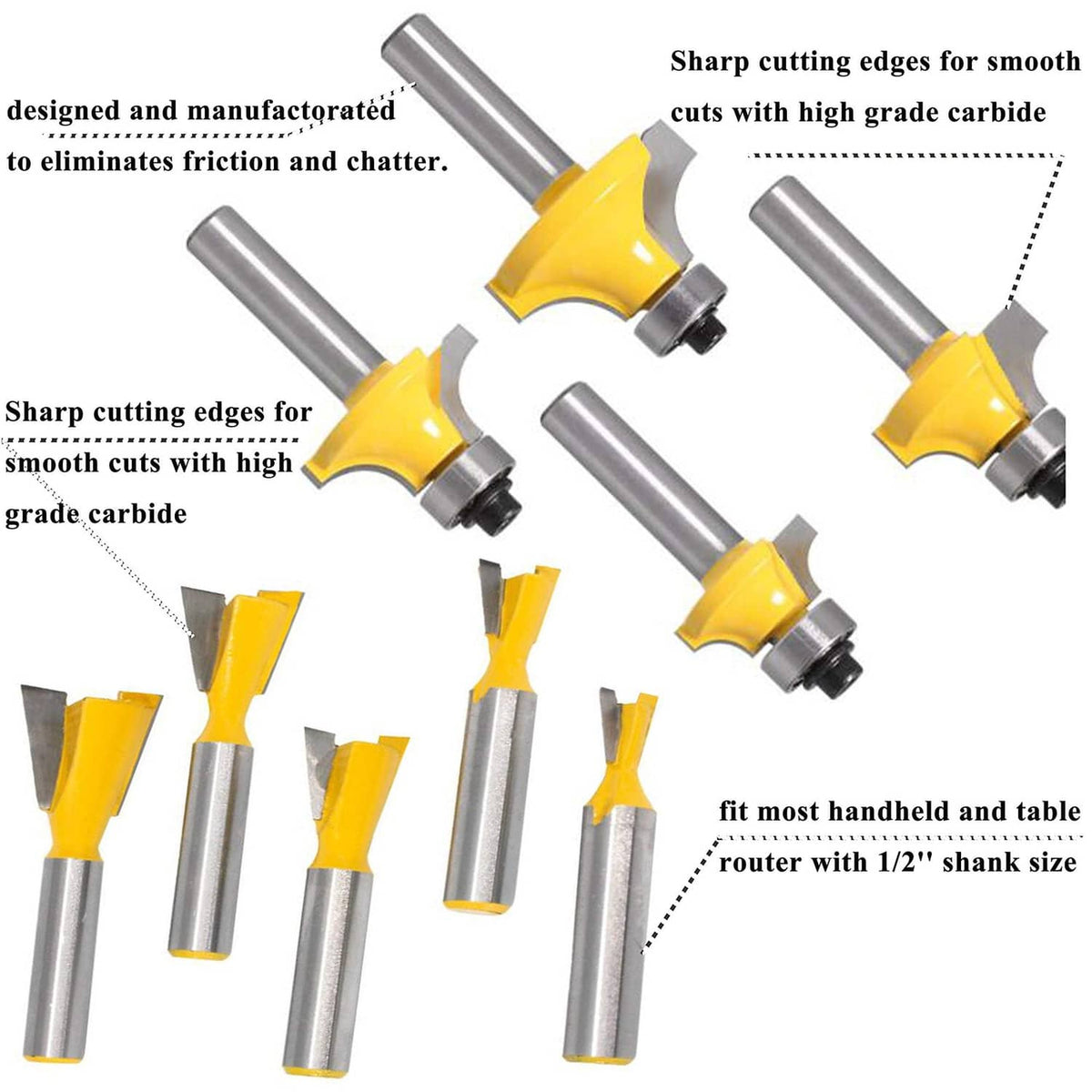 Carbide router bits with yellow fluted cutters on silver shanks, angled views