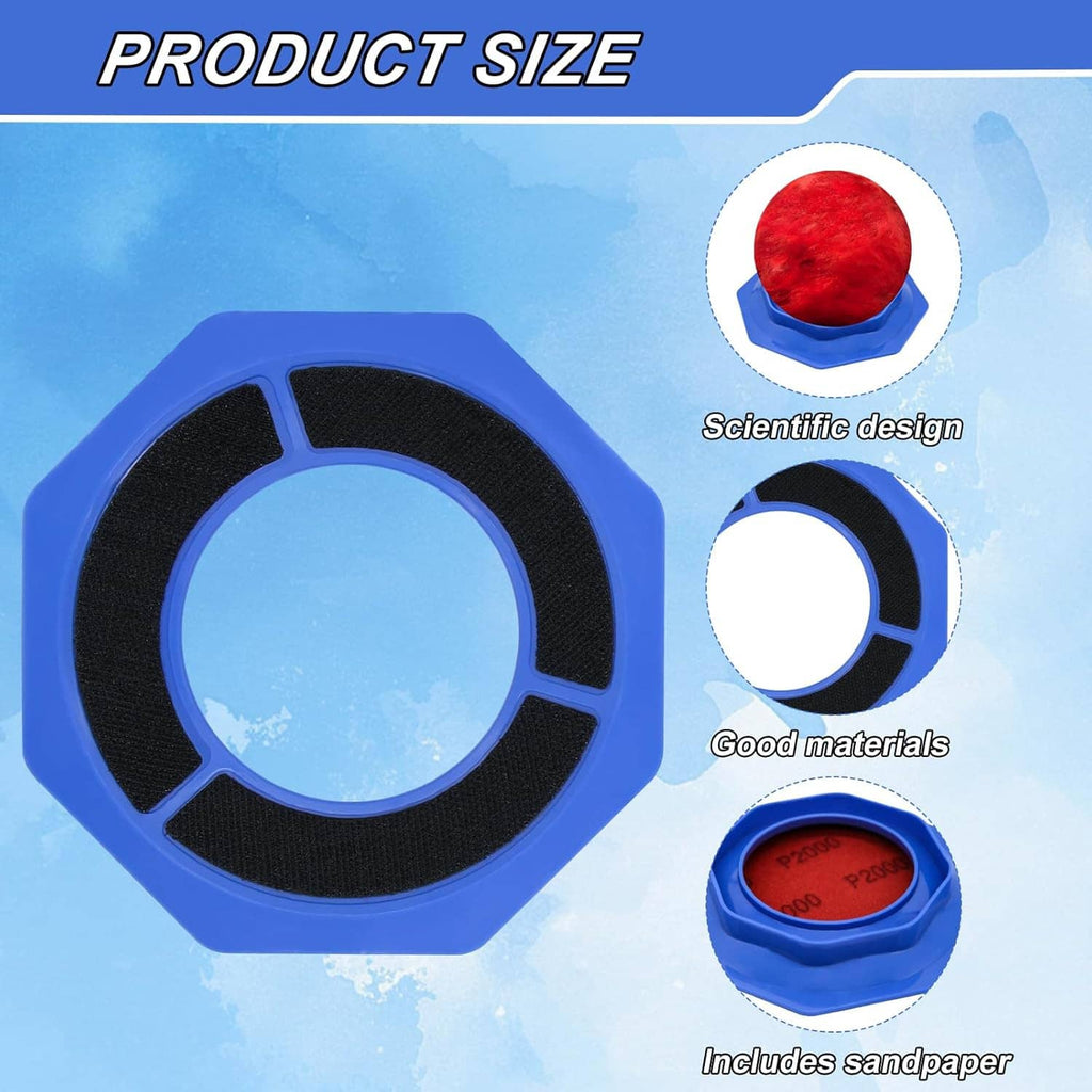 Blue bowling ball sanding pad holder with red sandpaper pad and black octagonal grip ring