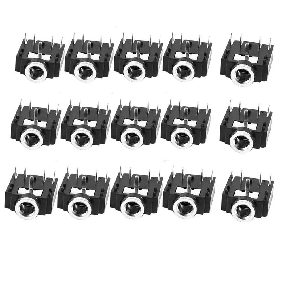 15-piece 3.5mm stereo jack socket set, 5-pin PCB-mount female, black