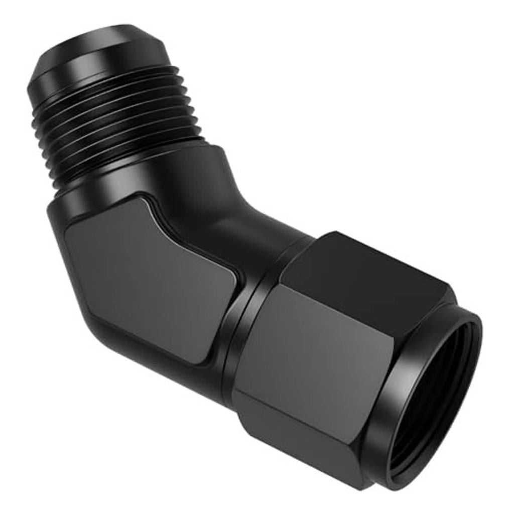 Black 45-degree elbow swivel AN fitting adapter with angled body and flare threaded end