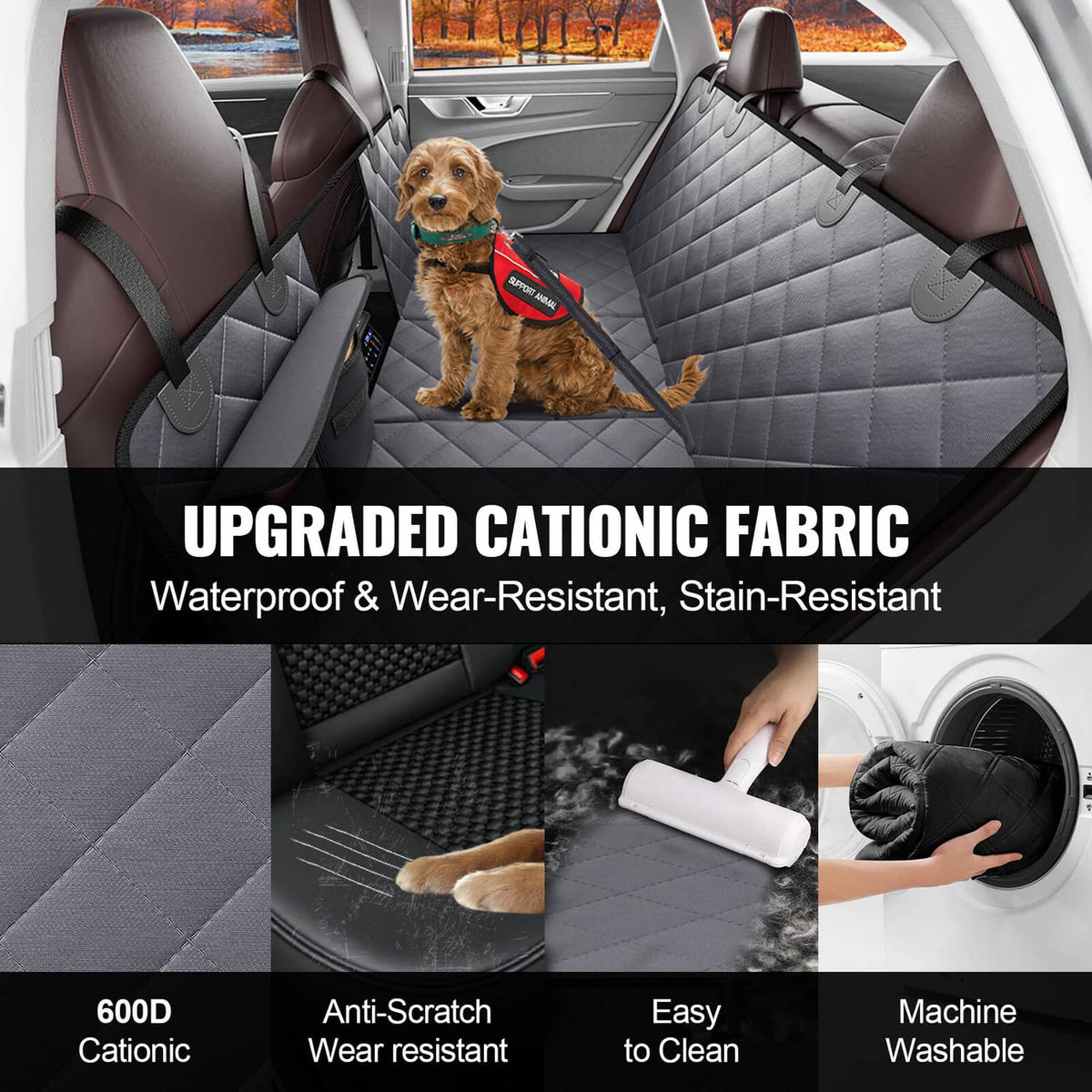 Gray cationic fabric dog car seat cover, quilted waterproof and easy-to-clean surface