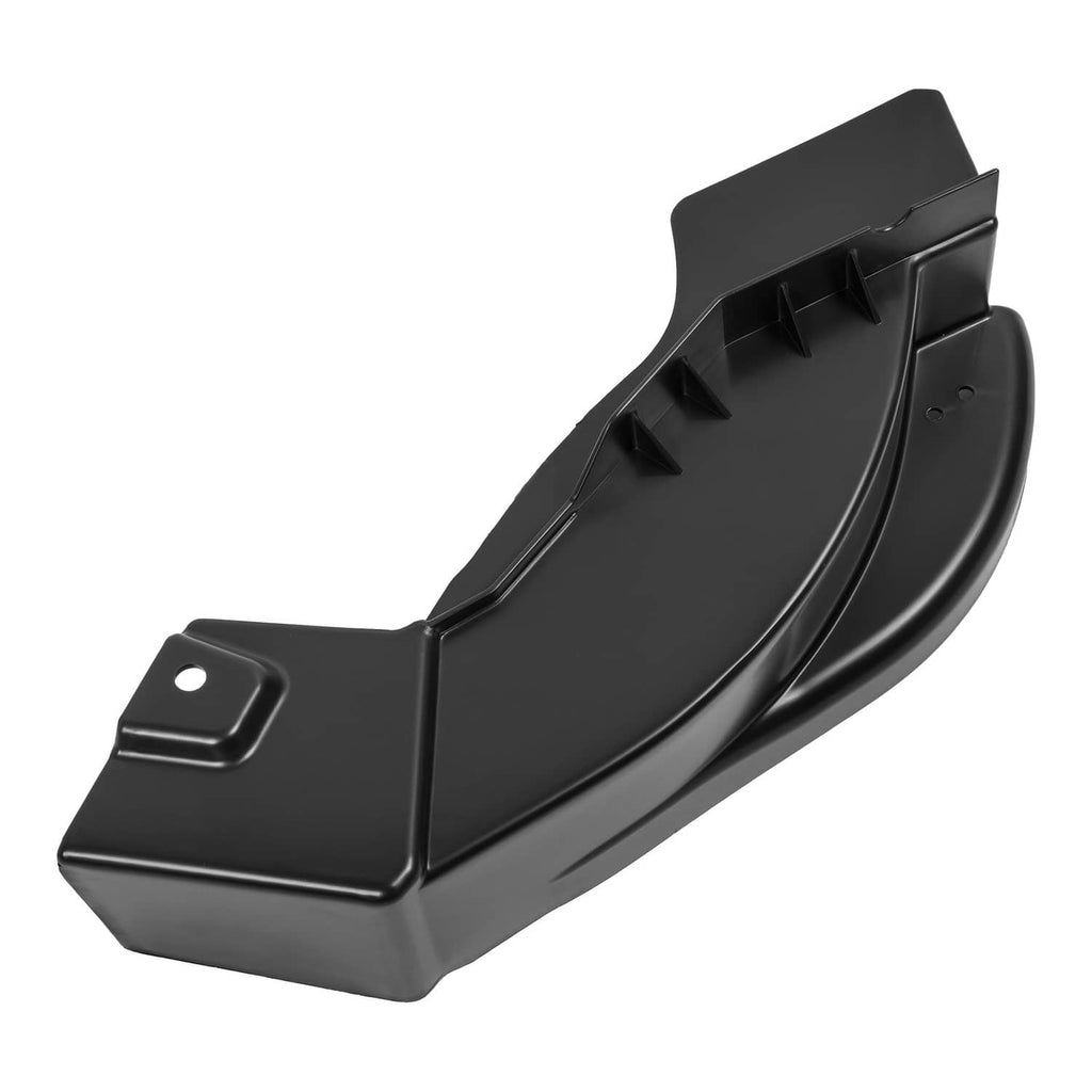 Black mulch plug chute with mounting hole and ribbed deflector, for zero-turn mower decks