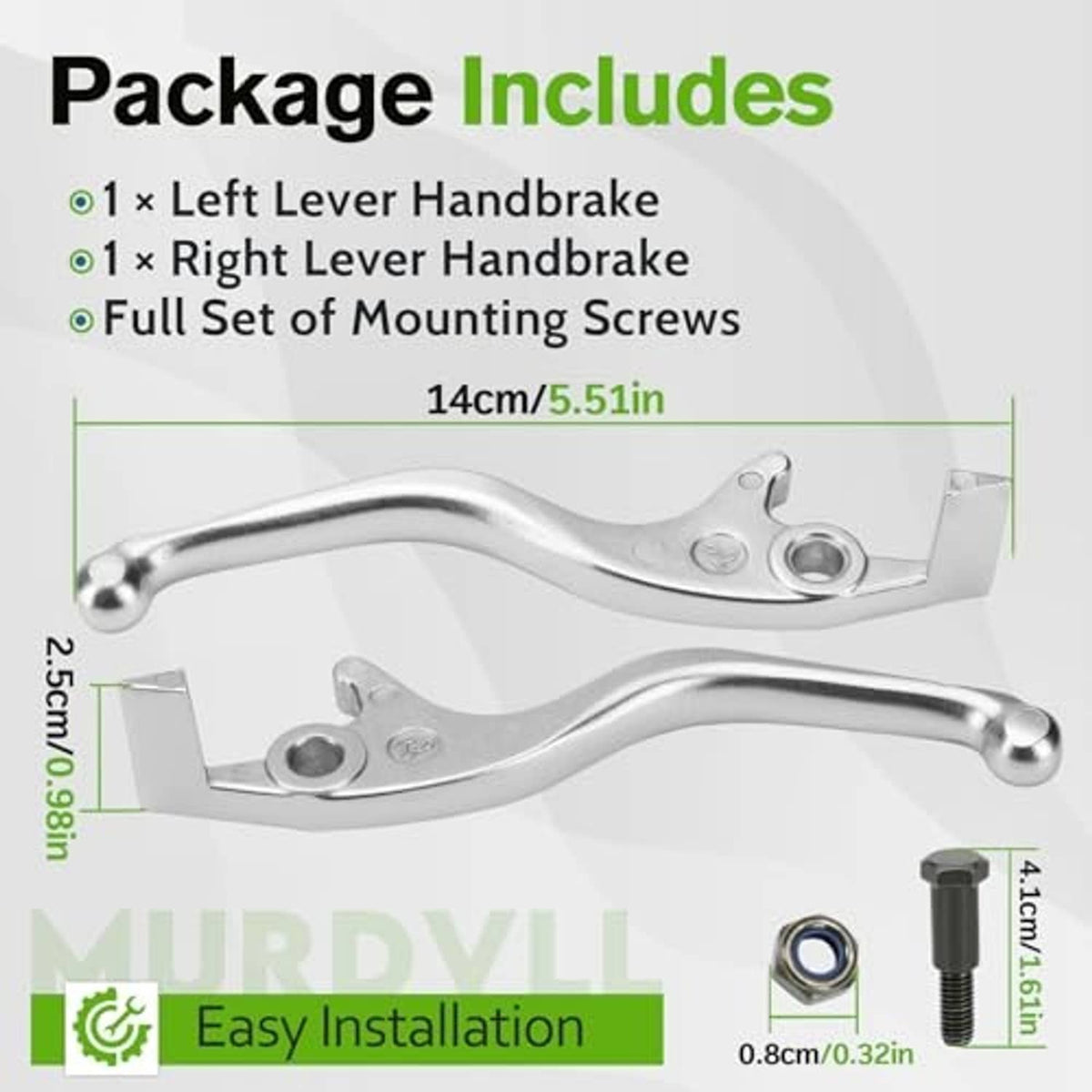 Package diagram of two silver lever handbrakes with mounting screws and nuts