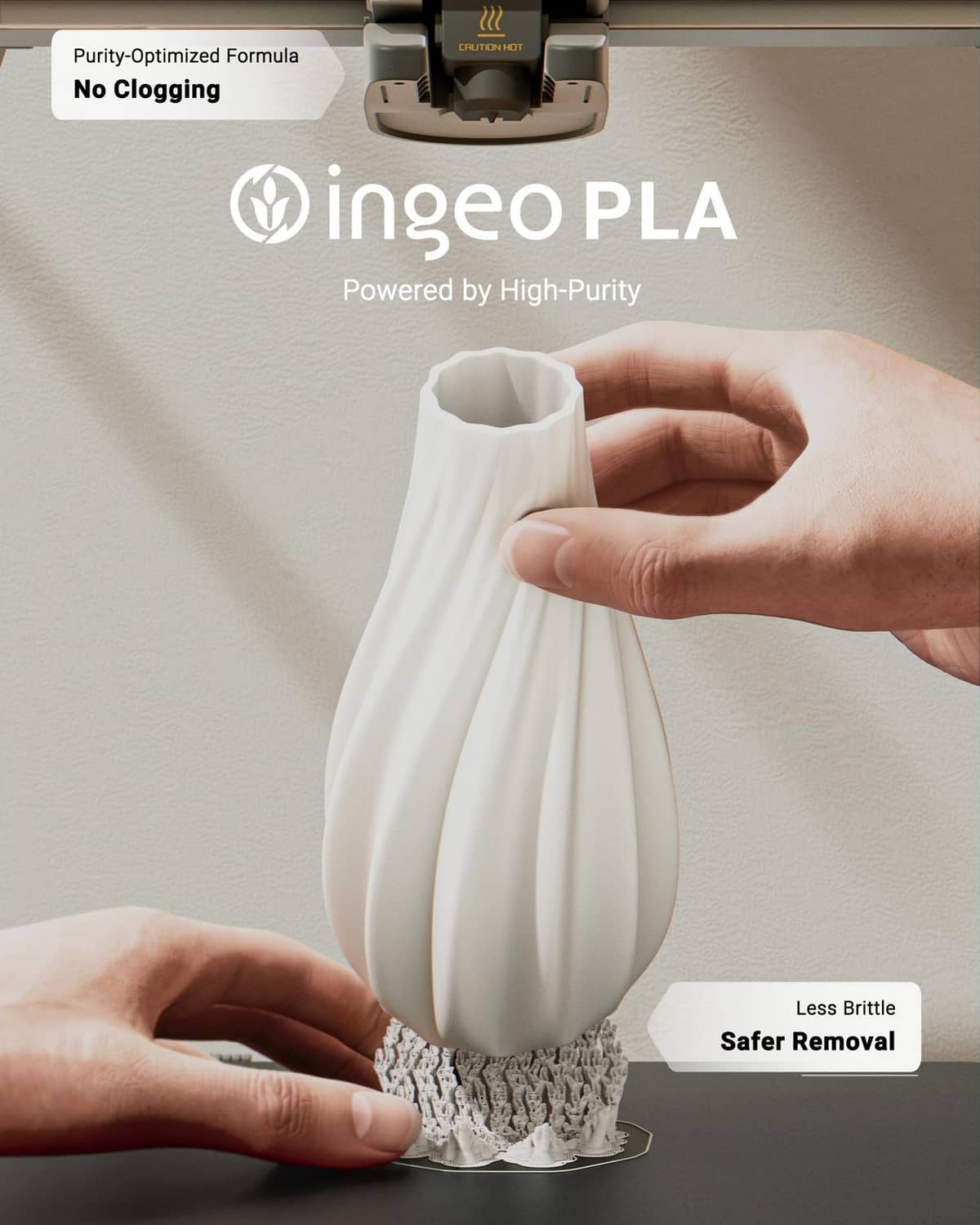 White 3D printed vase held by hands, shaped from PLA filament