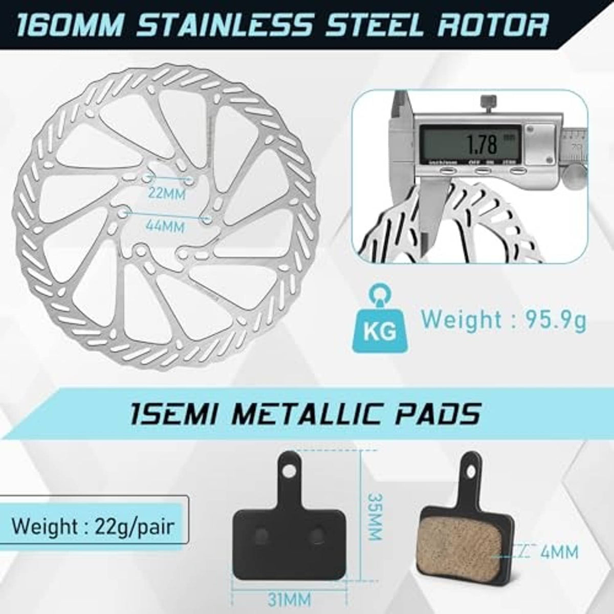 160mm stainless steel disc rotor with semi-metallic brake pads for mechanical MTB brakes