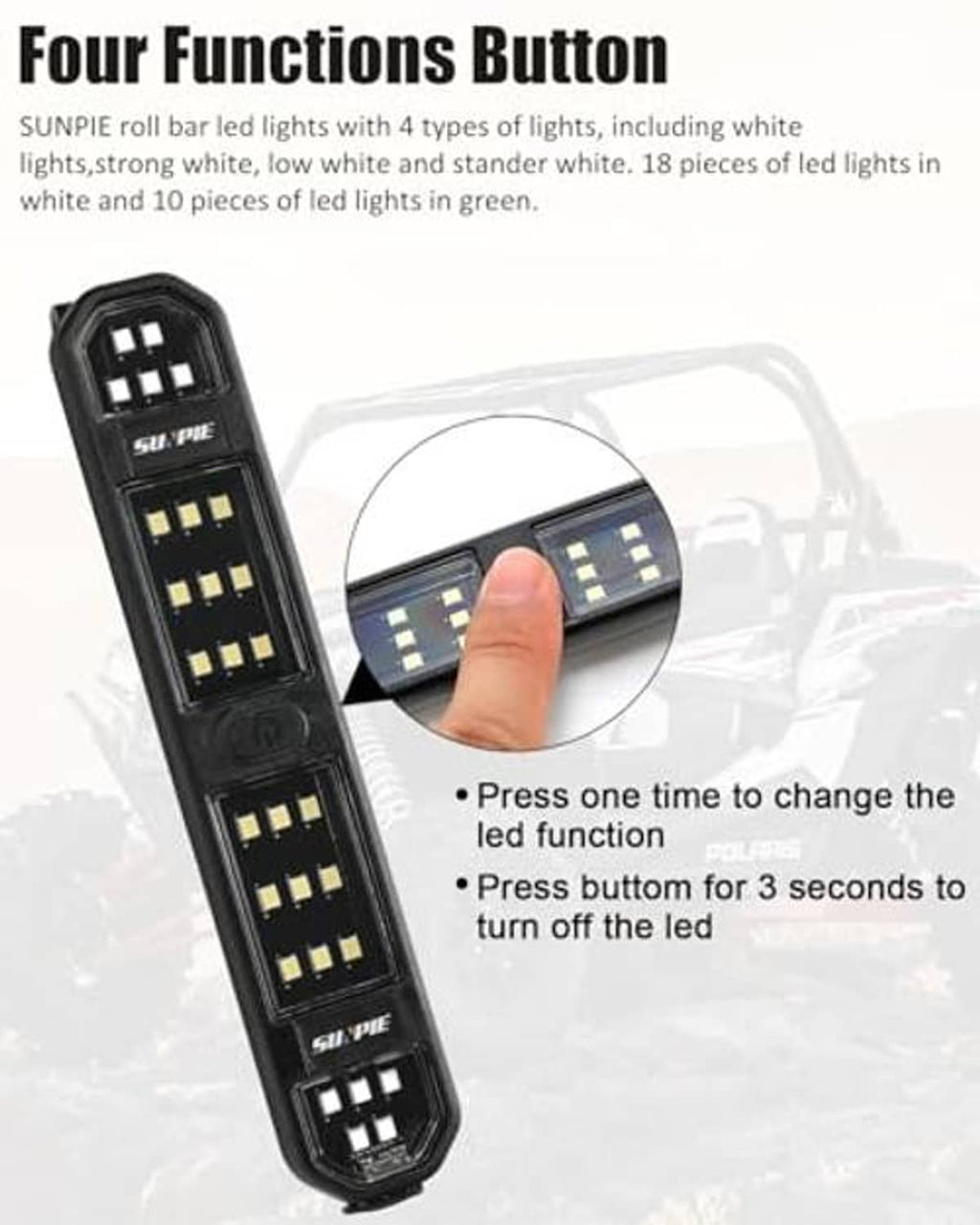 Four-function LED controller strip, black with multiple button icons