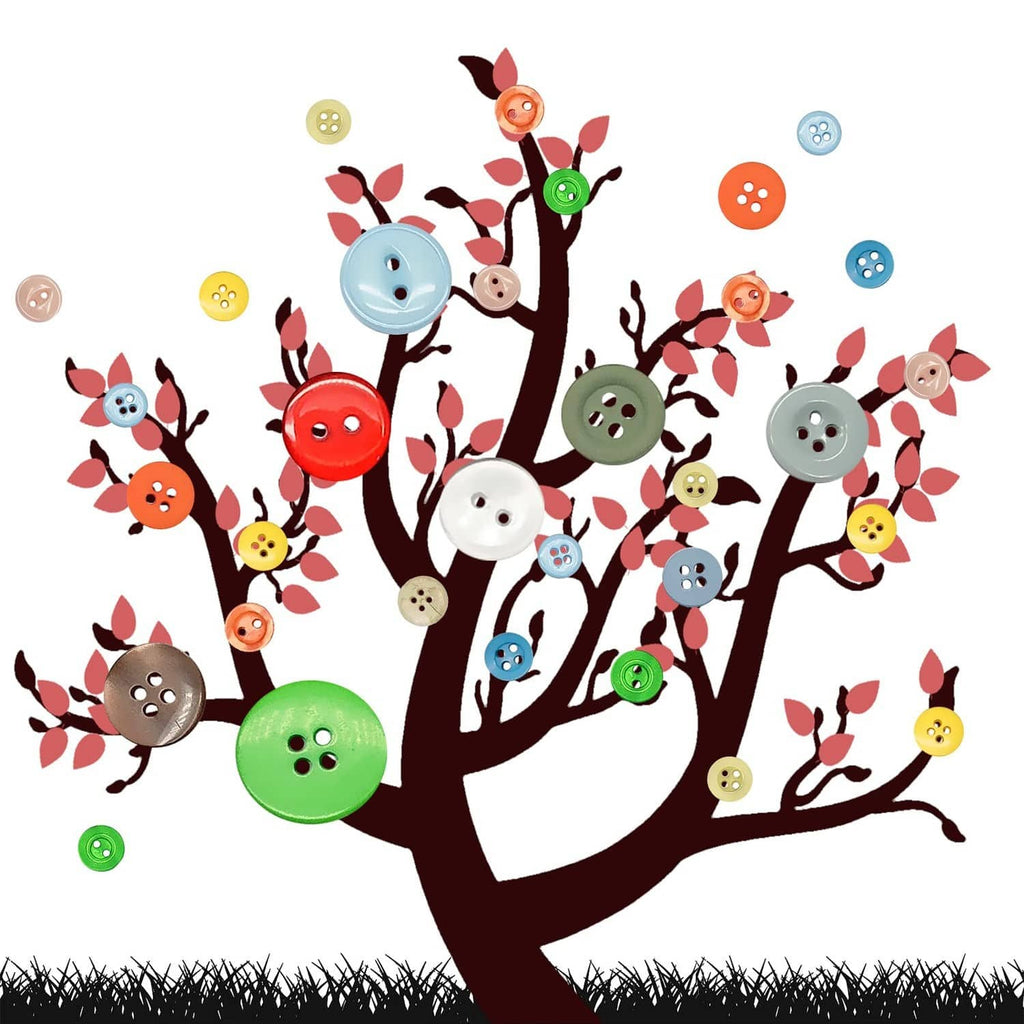 Colorful round buttons used as decorative accents on a button craft tree.