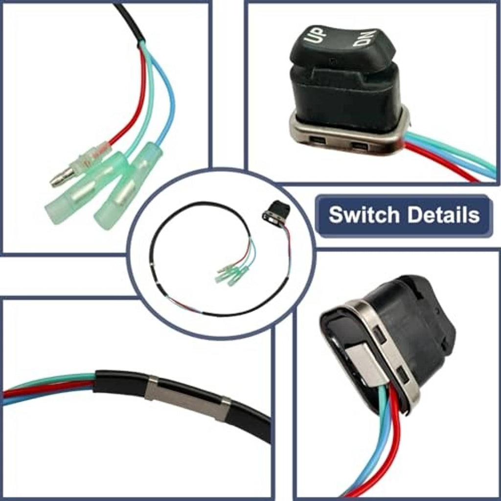 Outboard trim & tilt remote switch with ports detail, black housing, and colored wire leads