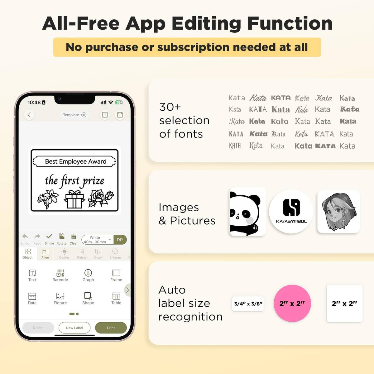 Smartphone app editing screen showing label design options and auto size preview