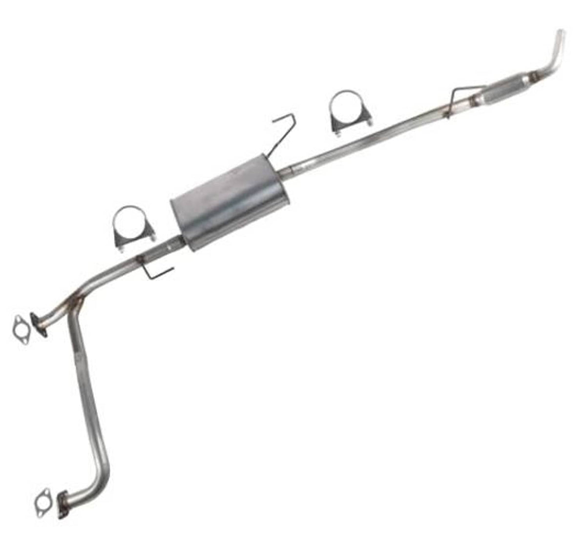 Exhaust resonator muffler tailpipe kit featuring a silver muffler cylinder and bends