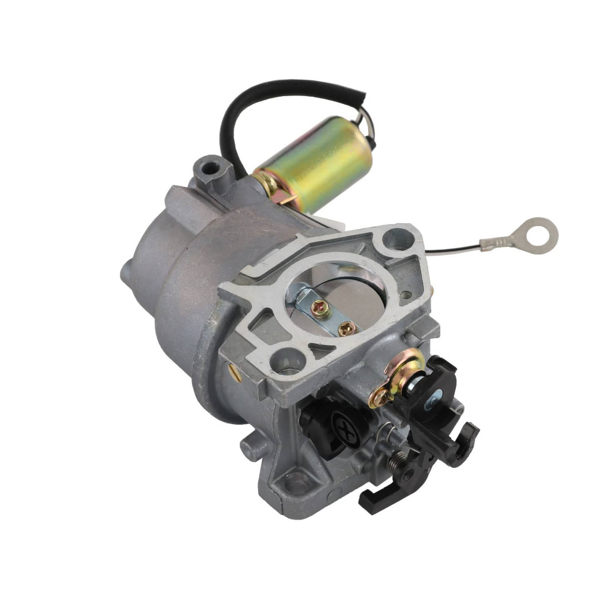 Carburetor assembly with gray inlet, rainbow cylinder, and metal loop wire connector