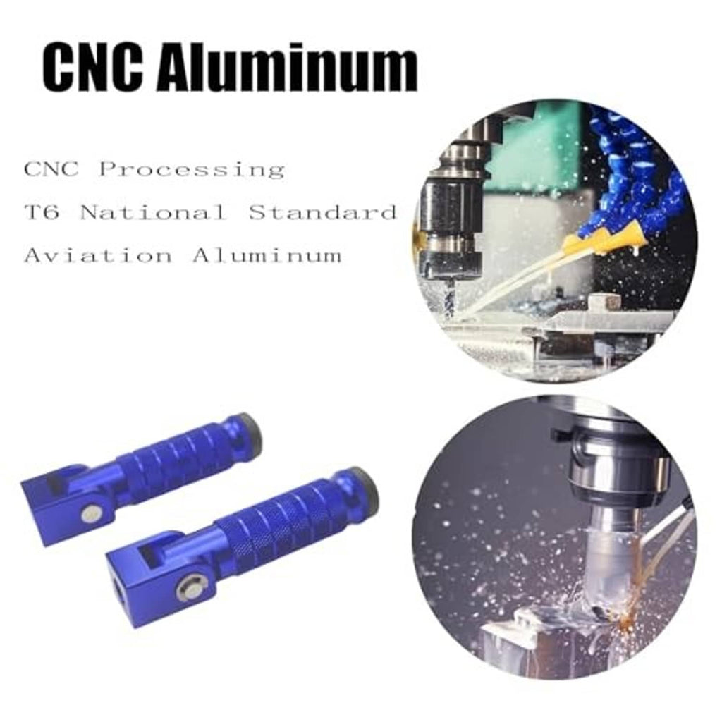 Blue CNC aluminum motorcycle foot peg pair with circular machining inset