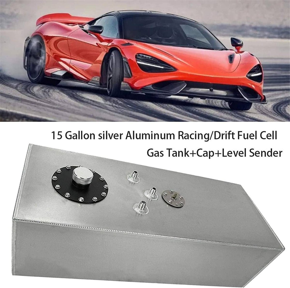 Silver 15-gallon racing fuel cell tank with cap and level sender on top