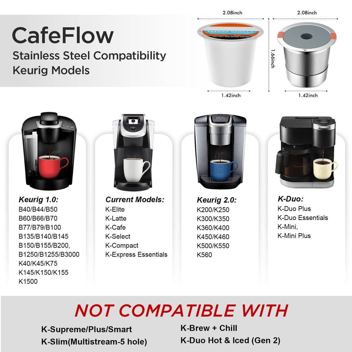 Stainless steel reusable K-cup pod shown in top and side views with measurements