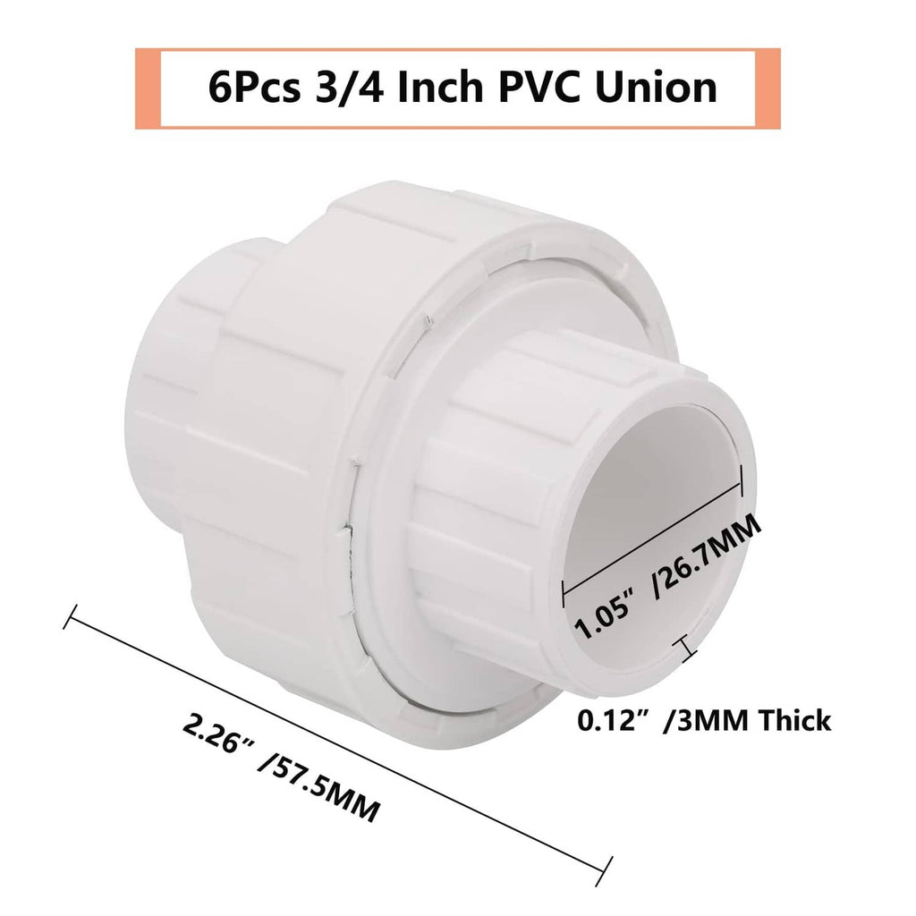 3/4 in white PVC union coupling with socket ends, compact threaded-style profile