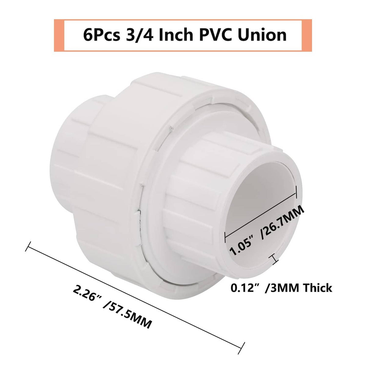 3/4 in white PVC union coupling with socket ends, compact threaded-style profile