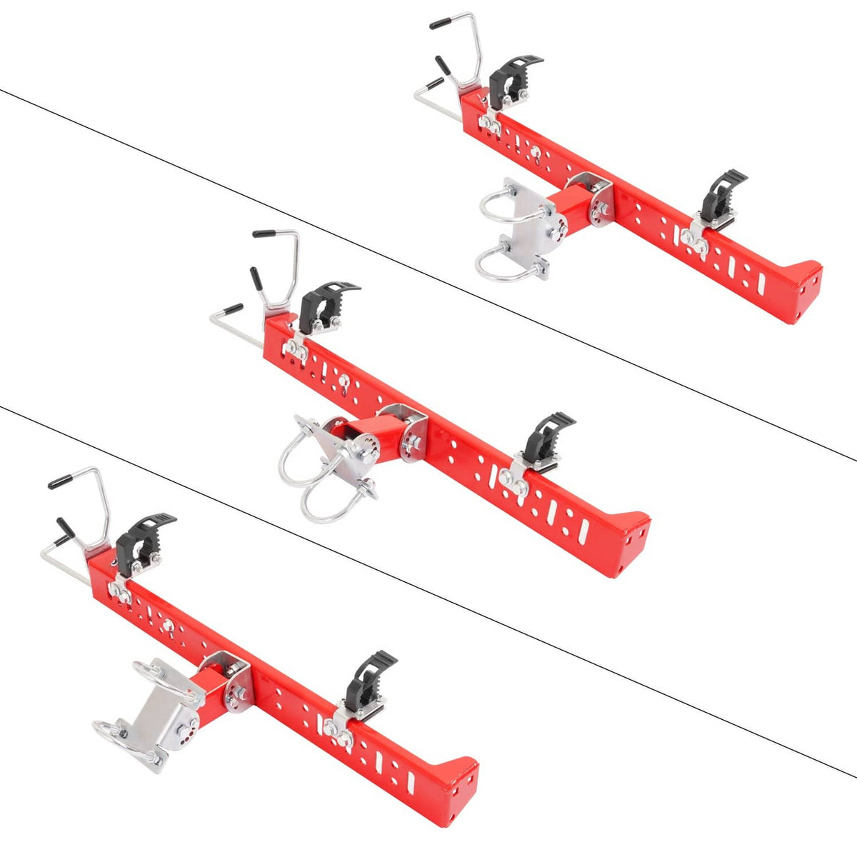 Multiple views of a red trimmer rack attachment with clamps, brackets, and support bar