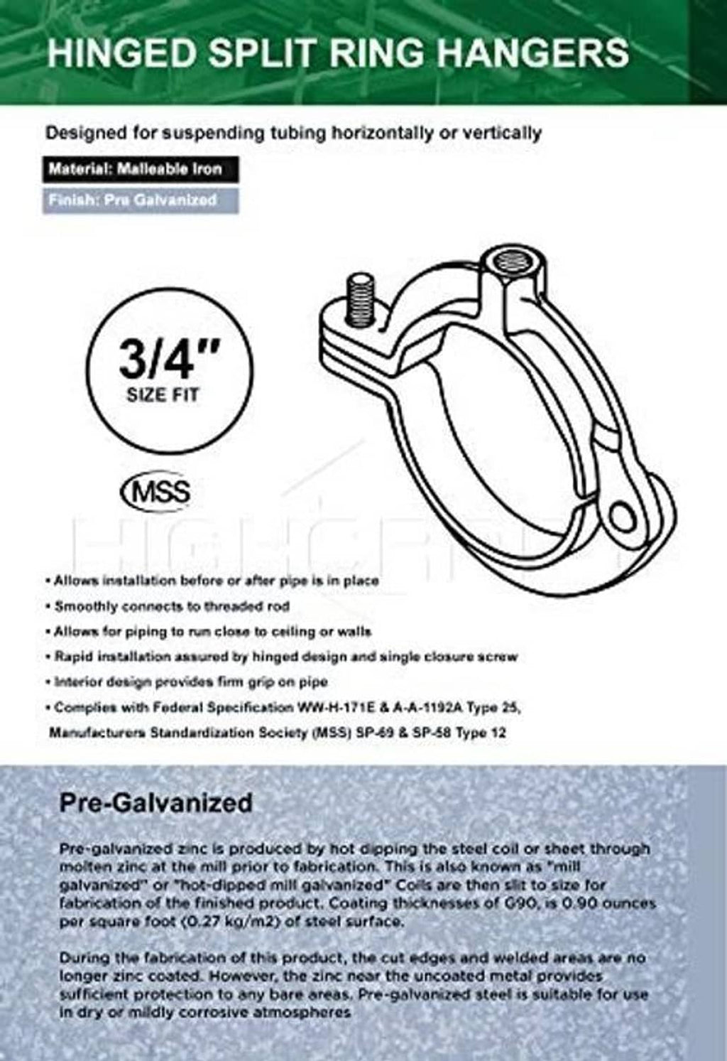 Hinged split ring pipe hanger with mounting bolt and split-loop design
