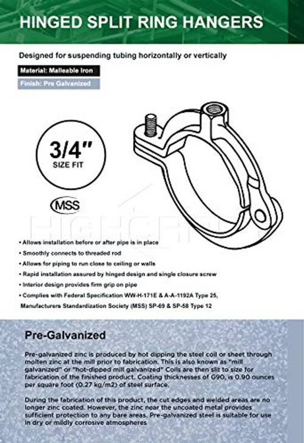 Hinged split ring pipe hanger with mounting bolt and split-loop design