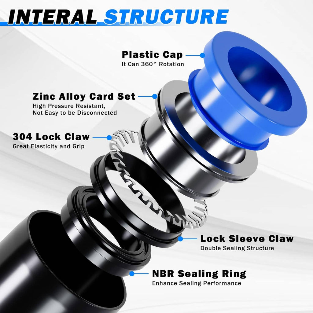 Blue and black pneumatic push fitting components with lock claw and sealing ring