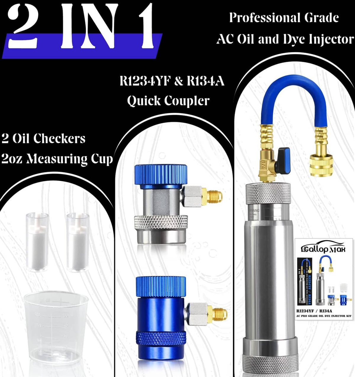 Professional AC oil and dye injector kit with blue hose, brass couplers, and measuring cup