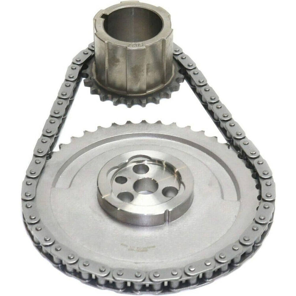 Timing chain and sprocket set with steel gear and roller chain links
