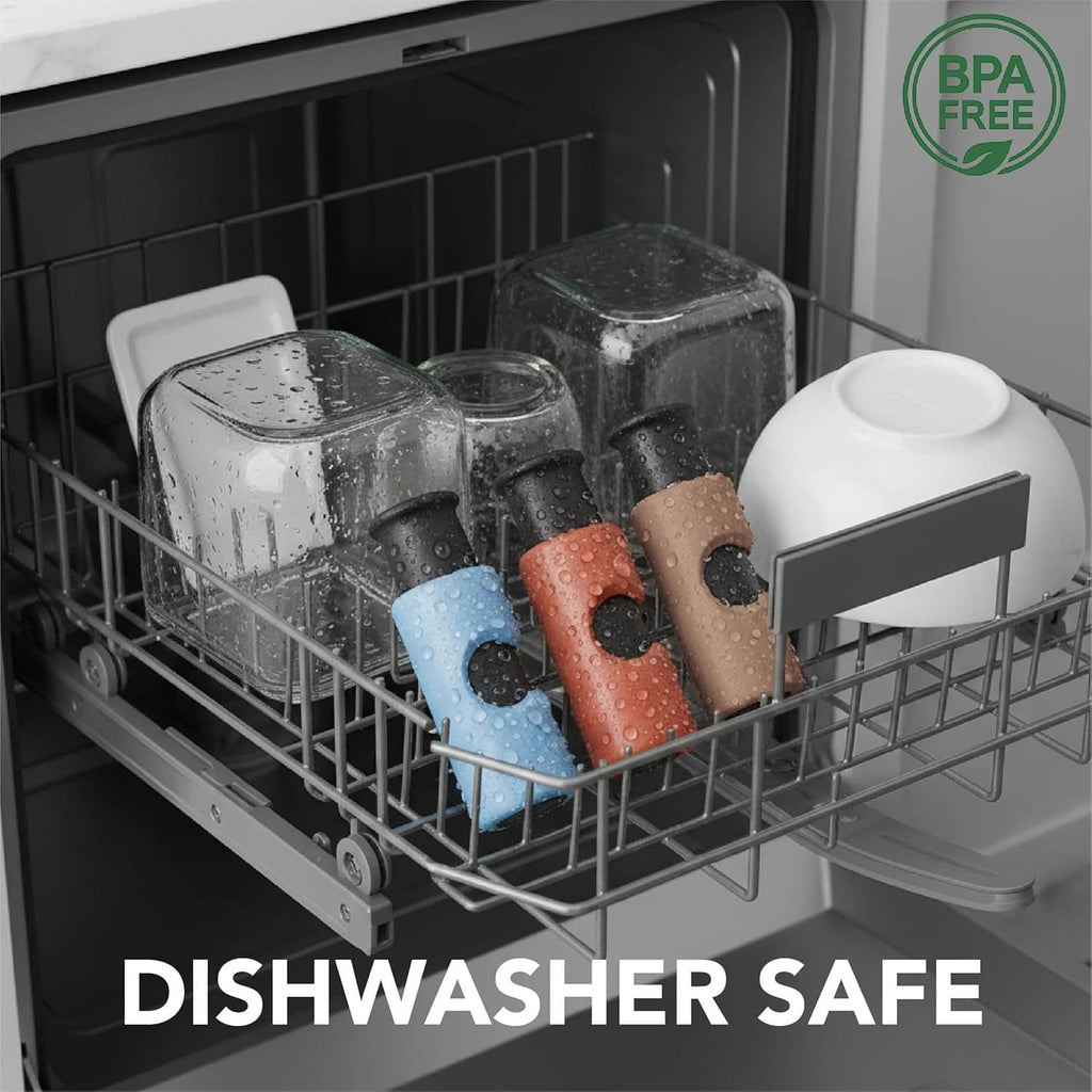 Squeeze-lock bag clips on dishes in a dishwasher rack for dishwasher-safe use