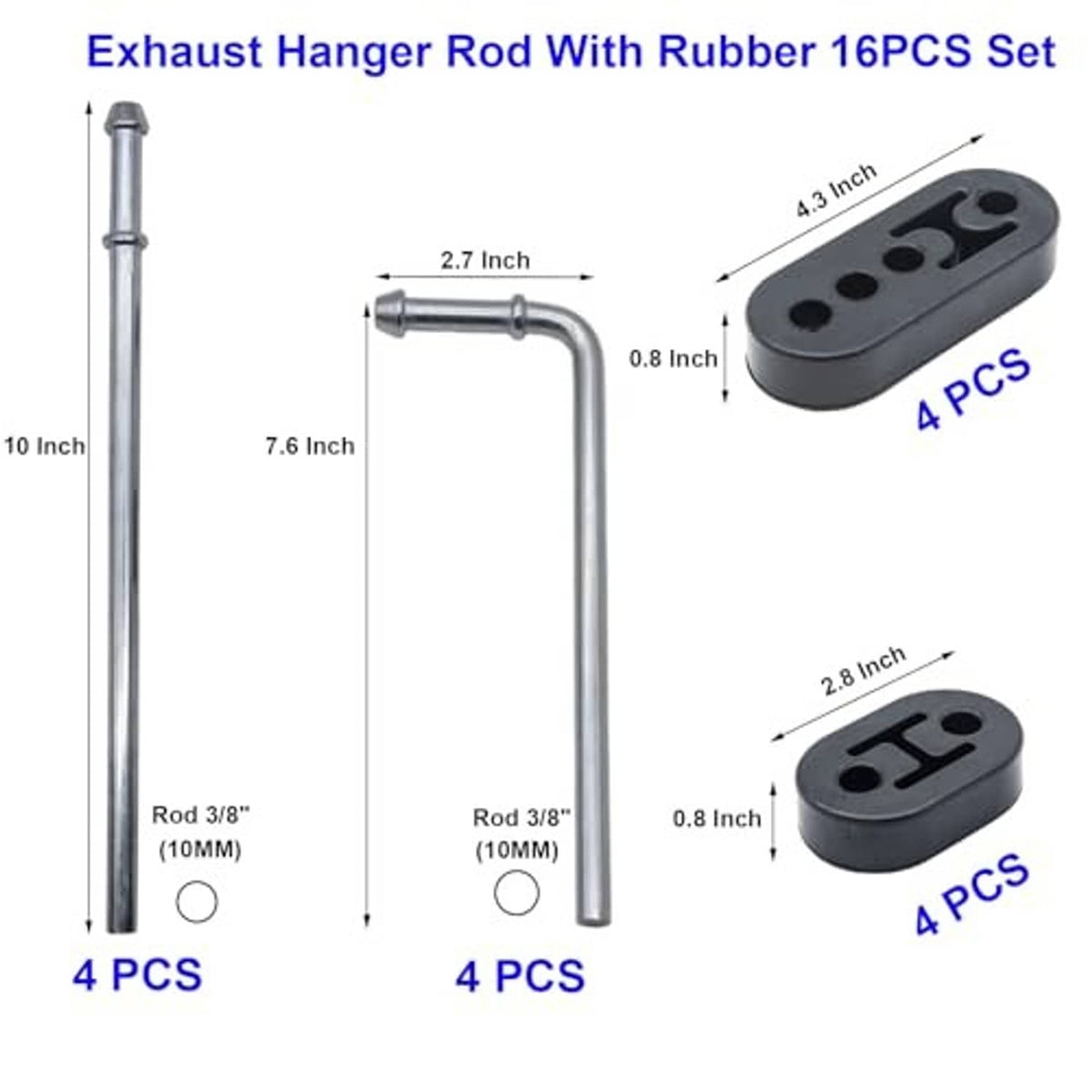 Exhaust hanger rod set with silver rods and black rubber isolators, 16-piece