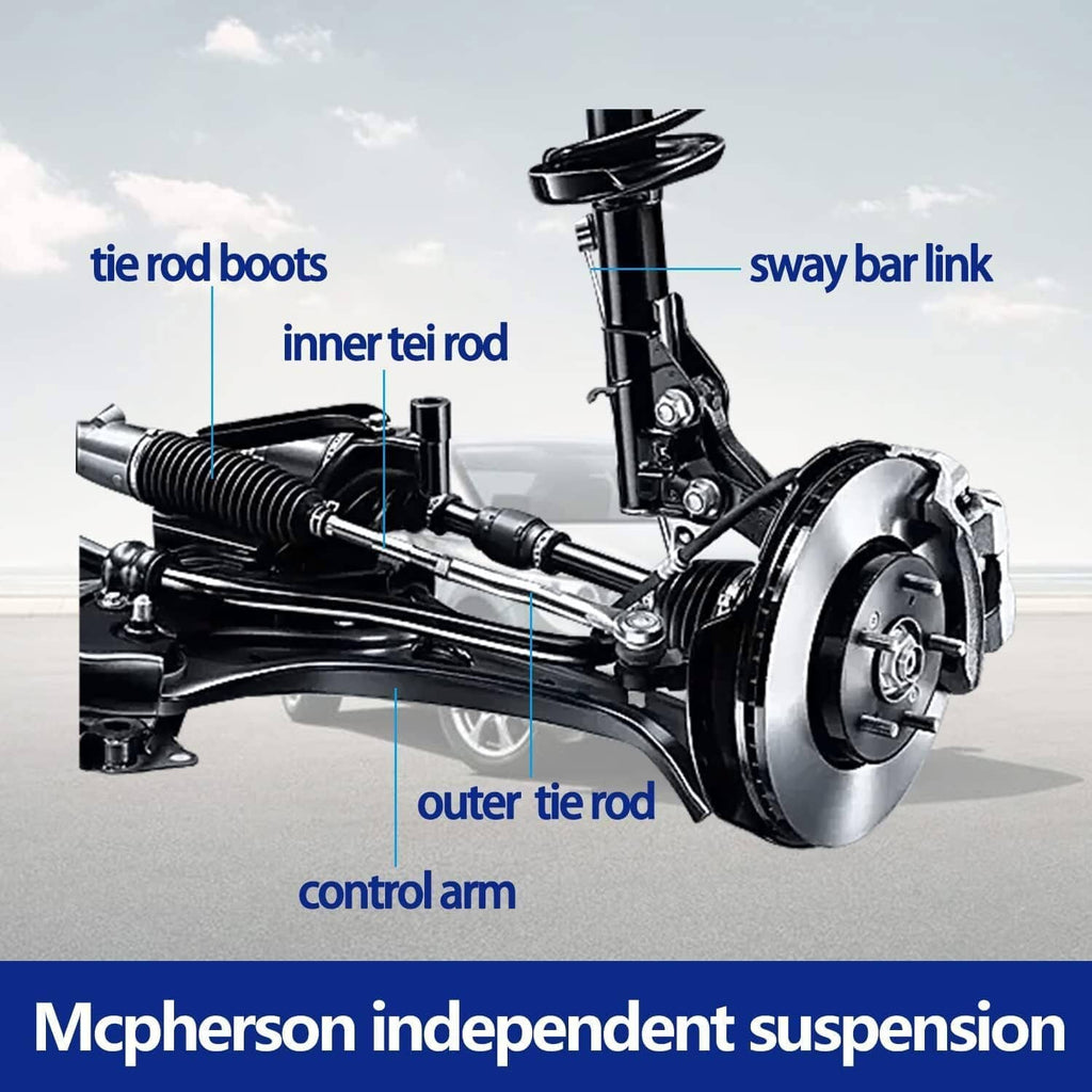 Front suspension system diagram labeling control arm, tie rods, and sway bar link