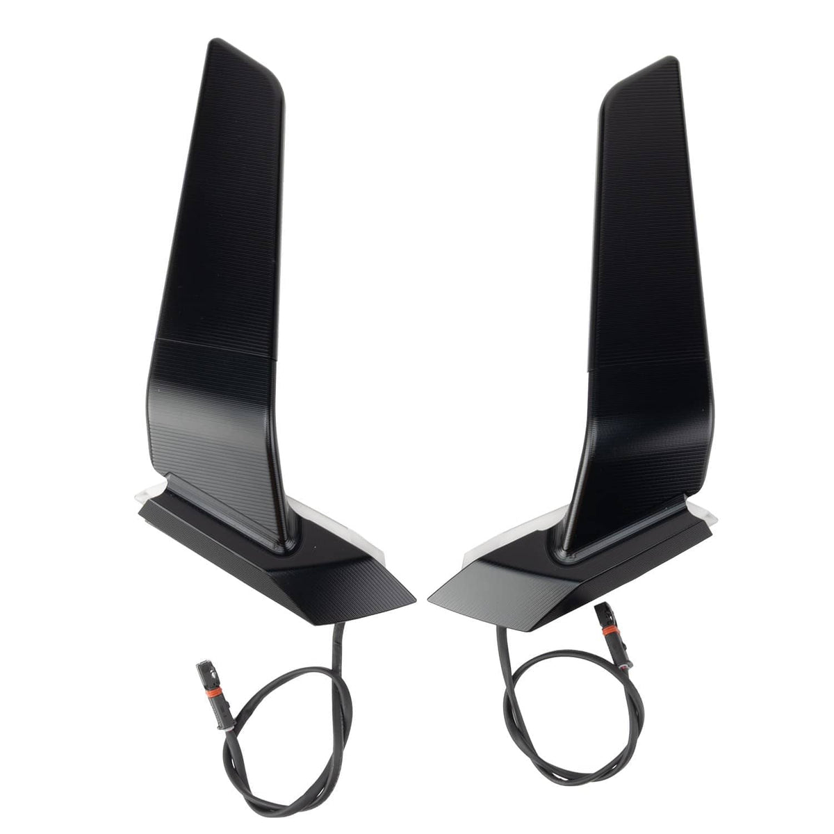 Motorcycle side mirrors with tall black housings and gray textured mounting bases with cables