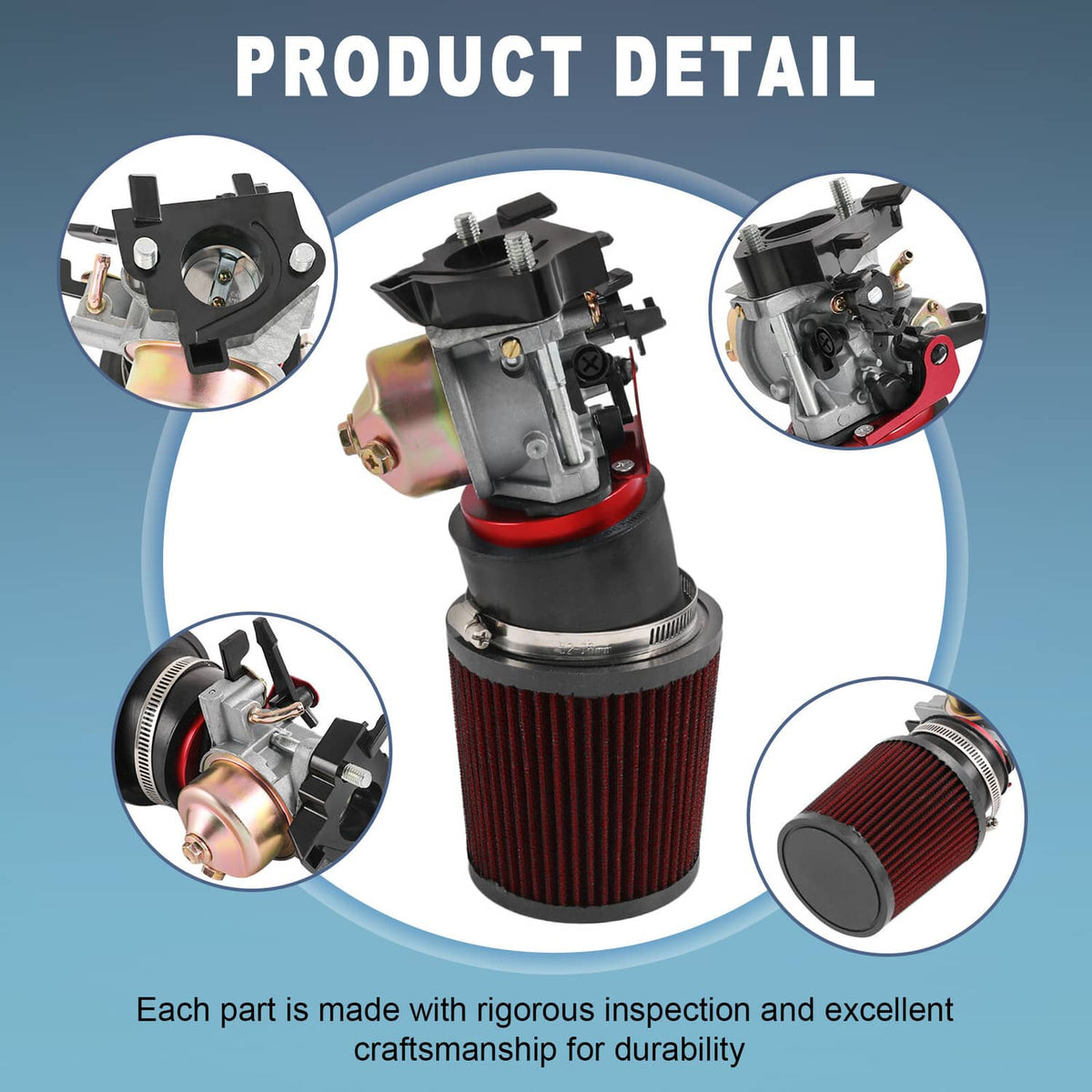 Air filter adapter jet kit set detail showing carburetor with red cone filter